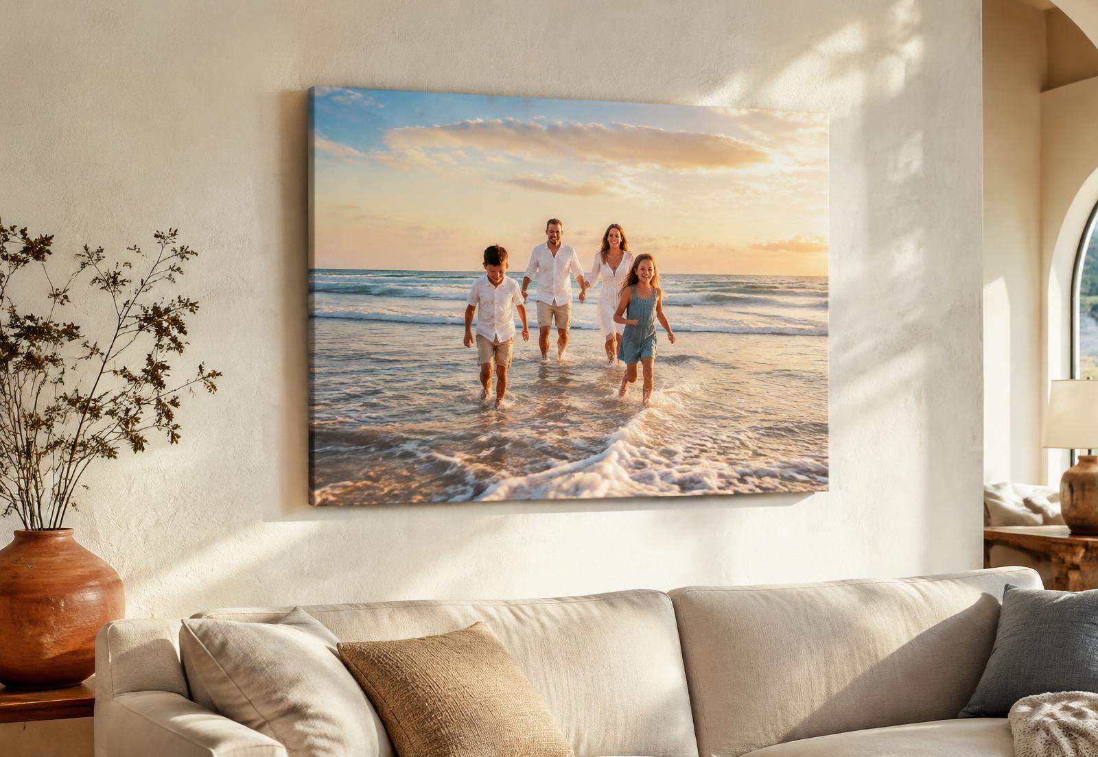 Custom canvas print of a family beach photo hanging in a living room